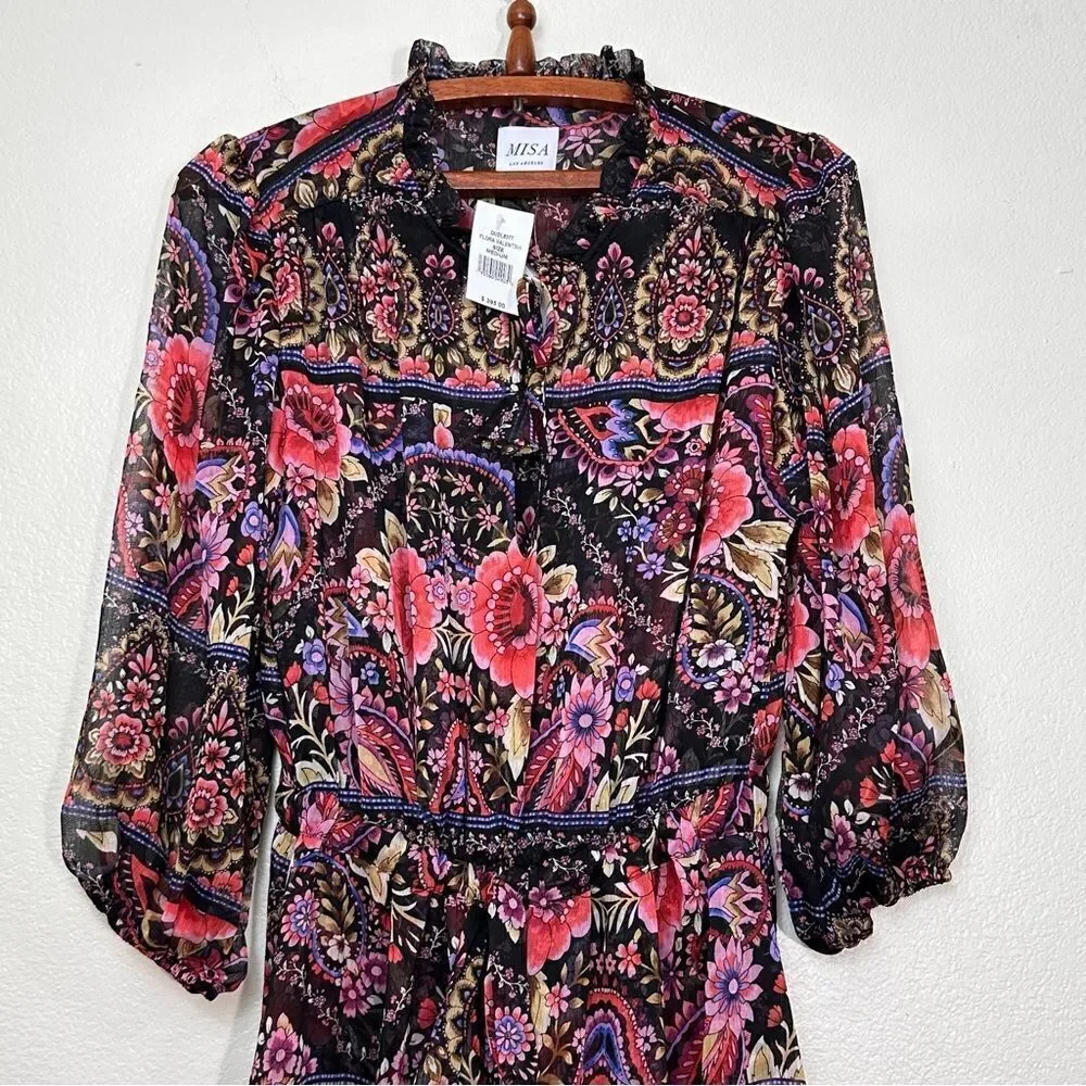 MISA Los Angeles Olivia Puff-Sleeve Floral Paisley Chiffon Midi Dress